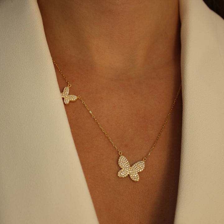 925 Sølv| Fuld Zircon Stone Double Butterfly Halskæde