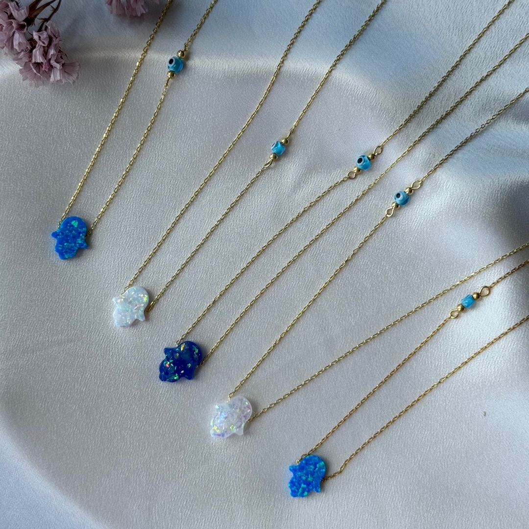 925 Sølv| Hvid Opal Fatima Halskæde Med Evil Eye Beads