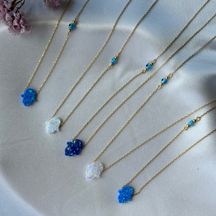 925 Sølv| Hvid Opal Fatima Halskæde Med Evil Eye Beads